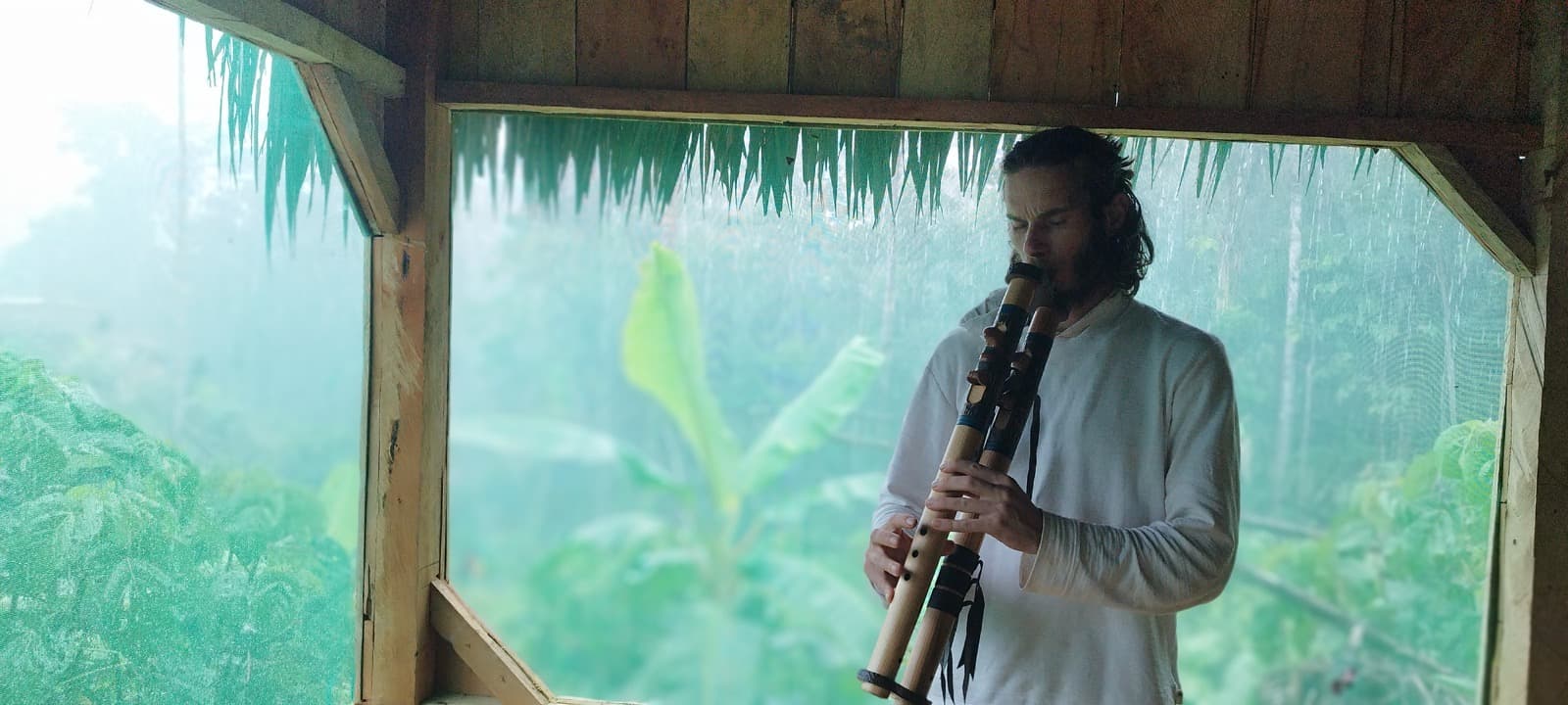 Homepage de David flute and sound con el artista en una imagen principal conectada con la naturaleza.